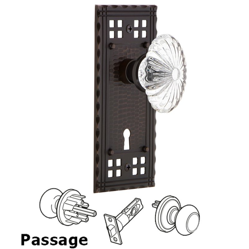Nostalgic Warehouse Complete Passage Set with Keyhole - Craftsman Plate with Oval Fluted Crystal Glass Door Knob in Timeless Bronze