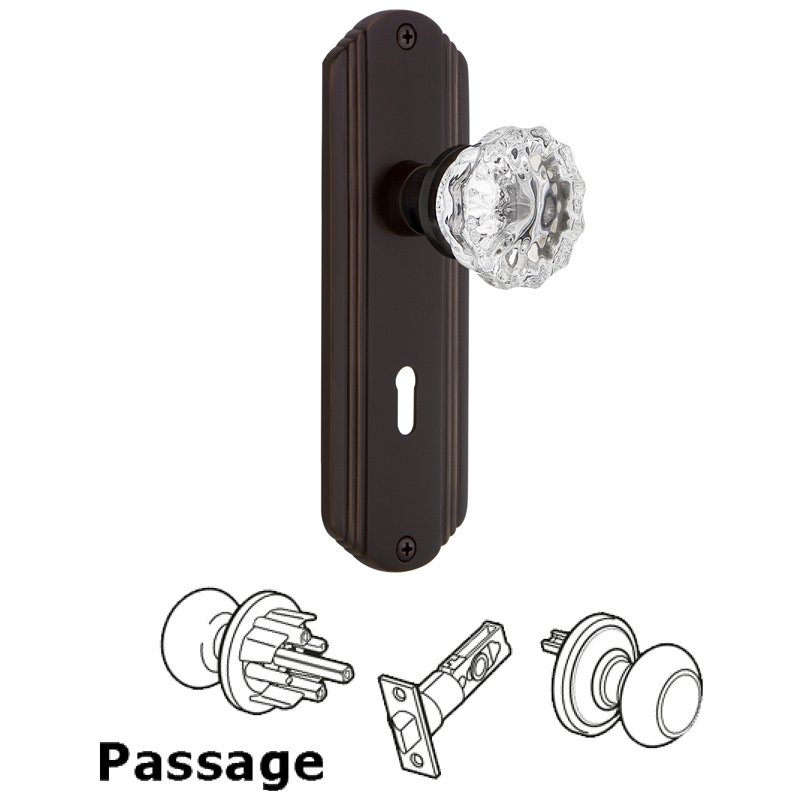 Nostalgic Warehouse Complete Passage Set with Keyhole - Deco Plate with Crystal Glass Door Knob in Timeless Bronze