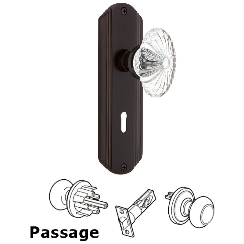 Nostalgic Warehouse Complete Passage Set with Keyhole - Deco Plate with Oval Fluted Crystal Glass Door Knob in Timeless Bronze