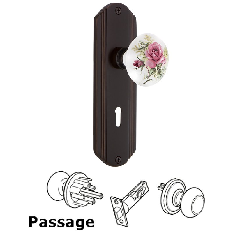 Nostalgic Warehouse Passage Deco Plate with Keyhole and White Rose Porcelain Door Knob in Timeless Bronze