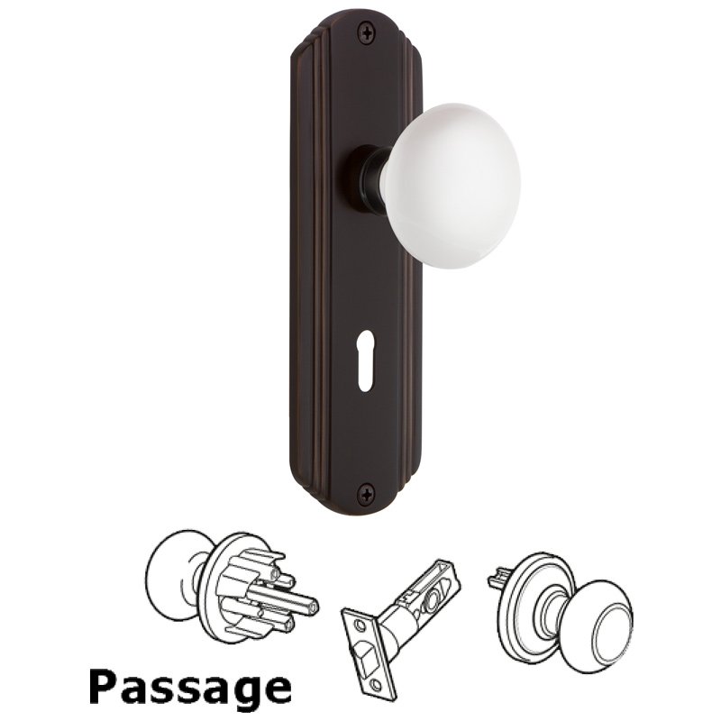 Nostalgic Warehouse Passage Deco Plate with Keyhole and White Porcelain Door Knob in Timeless Bronze