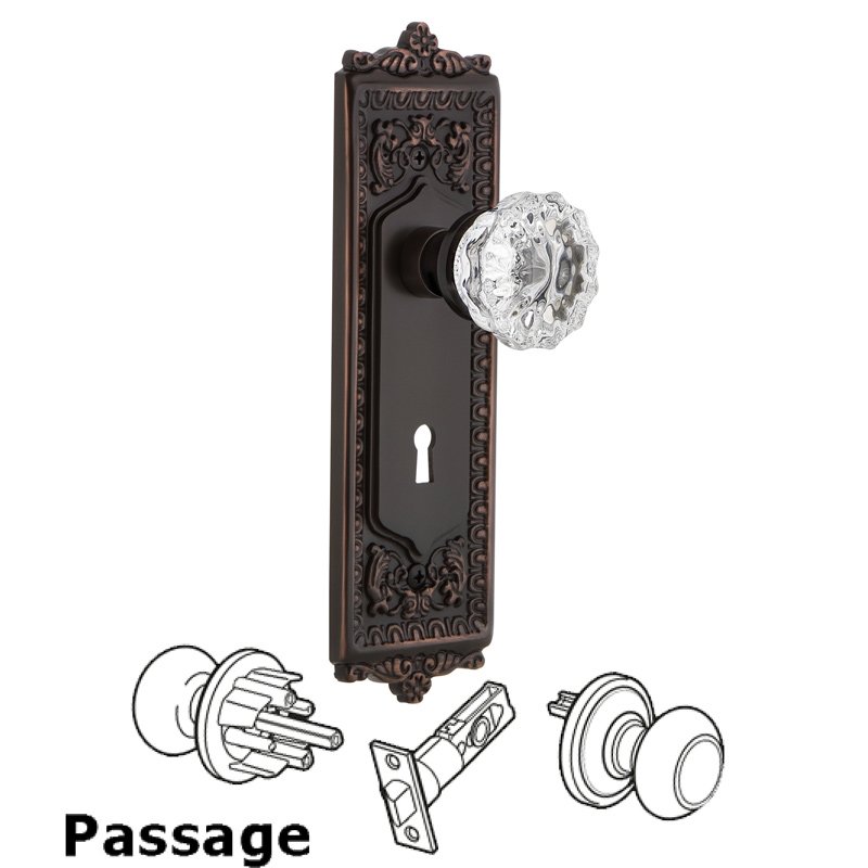 Nostalgic Warehouse Complete Passage Set with Keyhole - Egg & Dart Plate with Crystal Glass Door Knob in Timeless Bronze