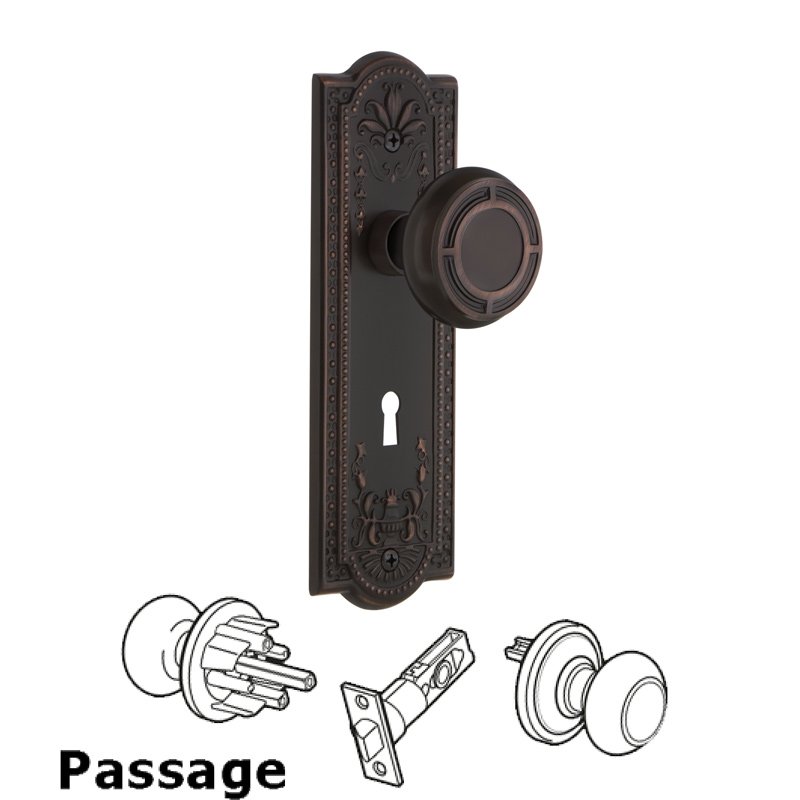 Nostalgic Warehouse Complete Passage Set with Keyhole - Meadows Plate with Mission Door Knob in Timeless Bronze