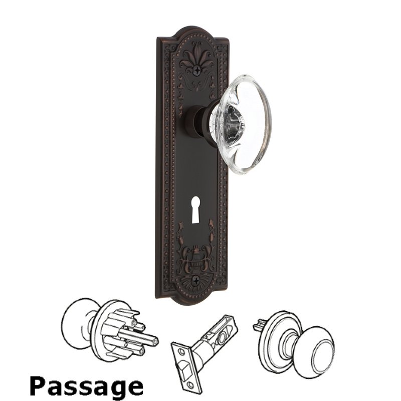Nostalgic Warehouse Passage Meadows Plate with Keyhole and Oval Clear Crystal Glass Door Knob in Timeless Bronze