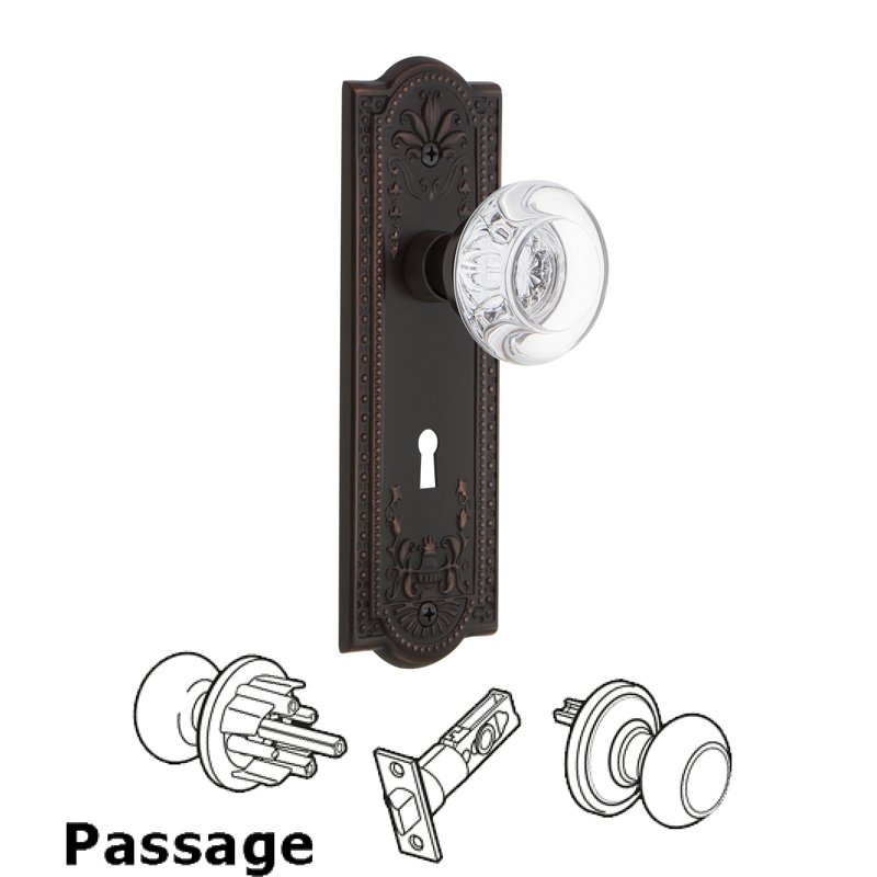 Nostalgic Warehouse Passage Meadows Plate with Keyhole and Round Clear Crystal Glass Door Knob in Timeless Bronze
