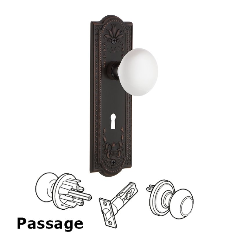 Nostalgic Warehouse Complete Passage Set with Keyhole - Meadows Plate with White Porcelain Door Knob in Timeless Bronze