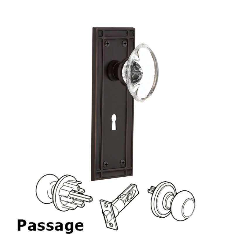 Nostalgic Warehouse Complete Passage Set with Keyhole - Mission Plate with Oval Clear Crystal Glass Door Knob in Timeless Bronze