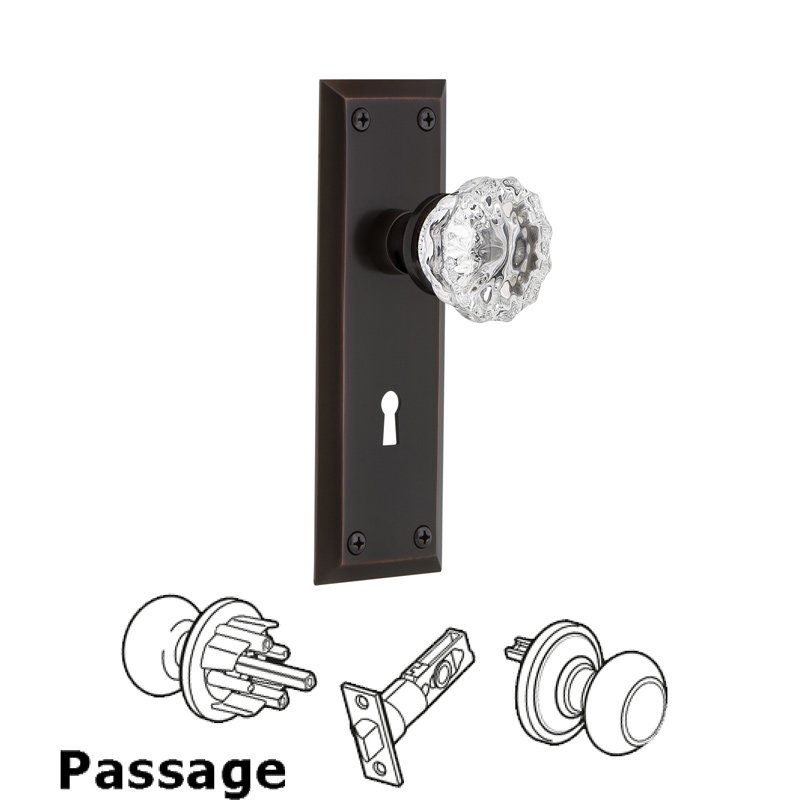 Nostalgic Warehouse Complete Passage Set with Keyhole - New York Plate with Crystal Glass Door Knob in Timeless Bronze
