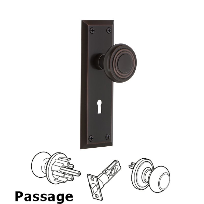 Nostalgic Warehouse Complete Passage Set with Keyhole - New York Plate with Deco Door Knob in Timeless Bronze