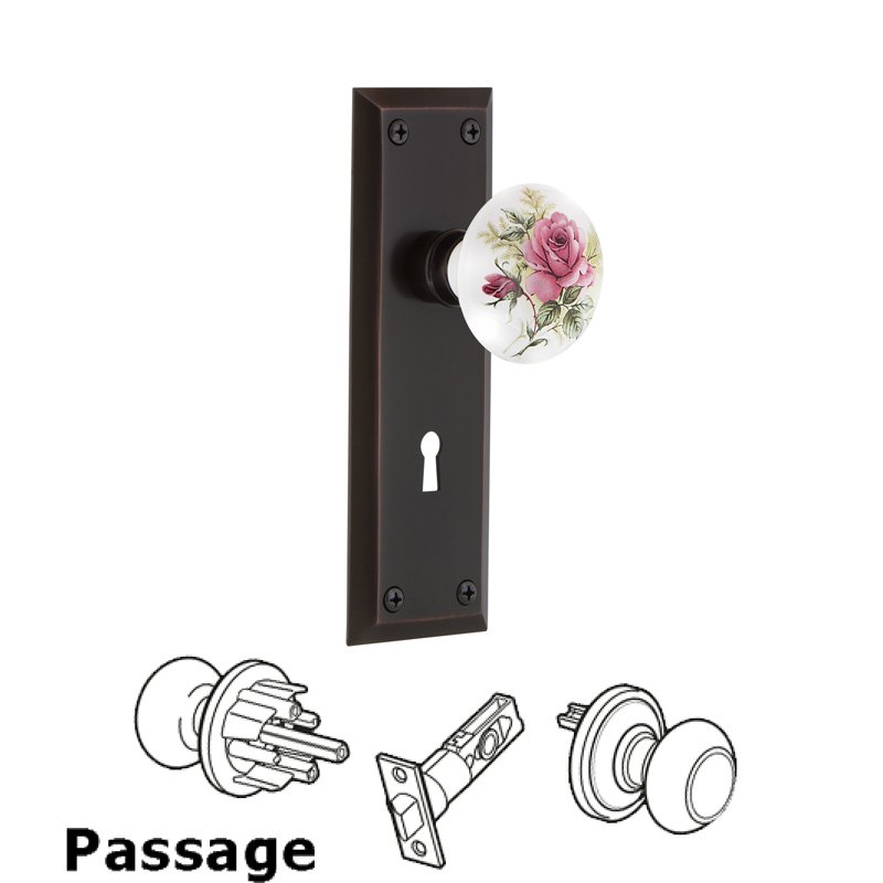 Nostalgic Warehouse Complete Passage Set with Keyhole - New York Plate with White Rose Porcelain Door Knob in Timeless Bronze