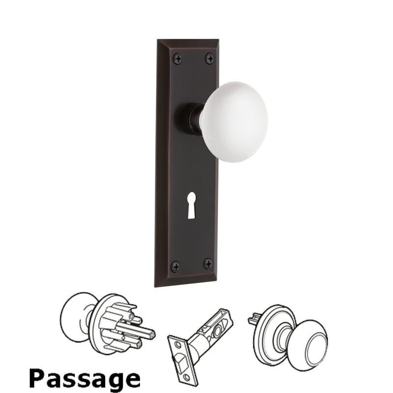 Nostalgic Warehouse Complete Passage Set with Keyhole - New York Plate with White Porcelain Door Knob in Timeless Bronze