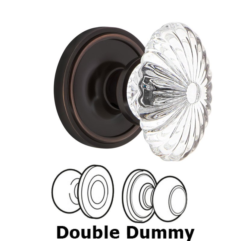 Nostalgic Warehouse Double Dummy Classic Rosette with Oval Fluted Crystal Glass Door Knob in Timeless Bronze