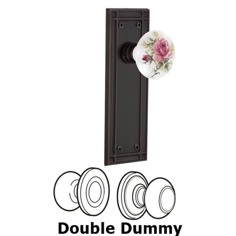 Nostalgic Warehouse Double Dummy Set - Mission Plate with White Rose Porcelain Door Knob in Timeless Bronze