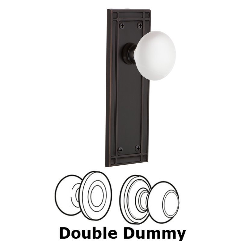 Nostalgic Warehouse Double Dummy Set - Mission Plate with White Porcelain Door Knob in Timeless Bronze