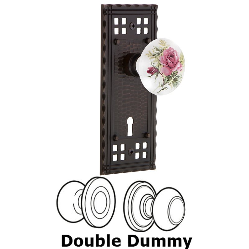 Nostalgic Warehouse Double Dummy Set with Keyhole - Craftsman Plate with White Rose Porcelain Door Knob in Timeless Bronze