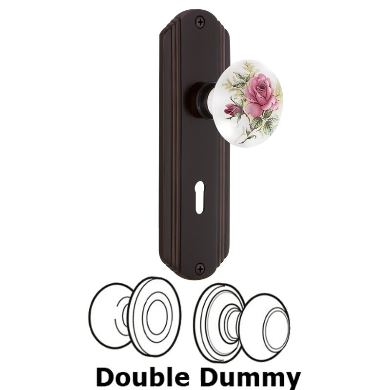Nostalgic Warehouse Double Dummy Set with Keyhole - Deco Plate with White Rose Porcelain Door Knob in Timeless Bronze