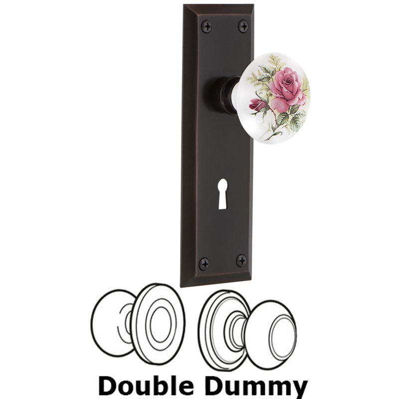 Nostalgic Warehouse Double Dummy Set with Keyhole - New York Plate with White Rose Porcelain Door Knob in Timeless Bronze