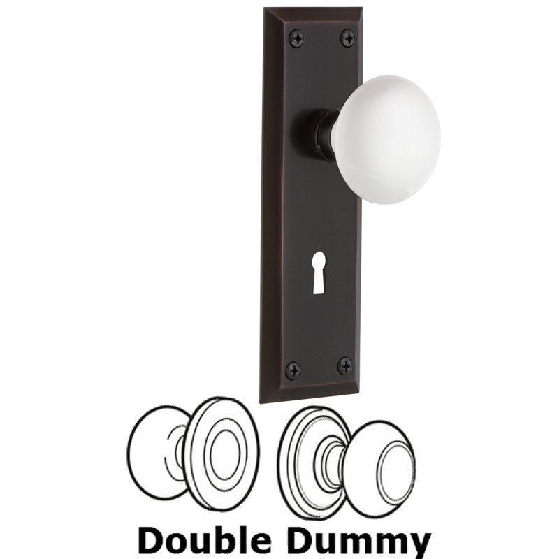 Nostalgic Warehouse Double Dummy Set with Keyhole - New York Plate with White Porcelain Door Knob in Timeless Bronze