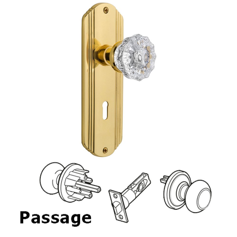 Nostalgic Warehouse Passage Deco Plate with Keyhole and Crystal Glass Door Knob in Polished Brass
