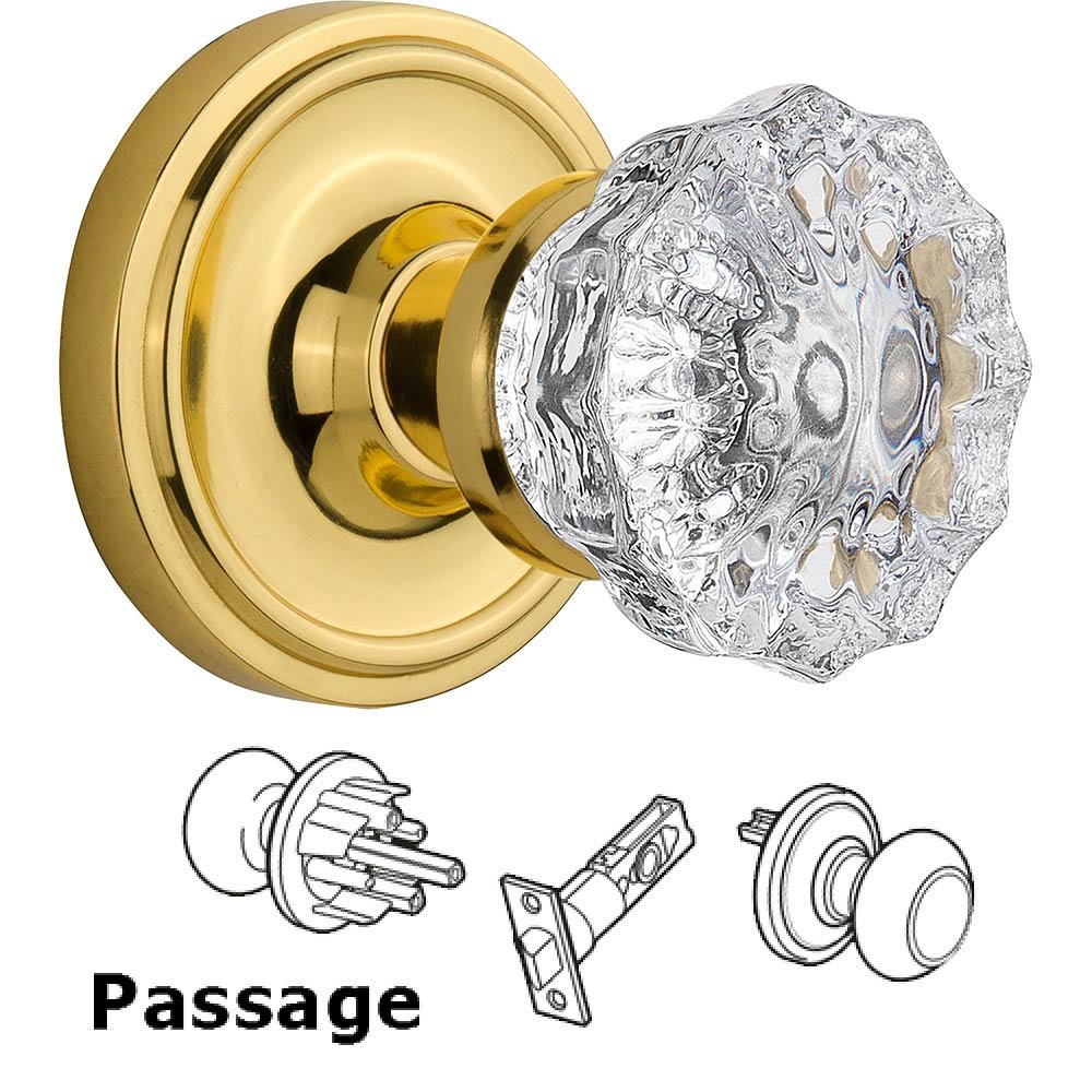 Nostalgic Warehouse Passage Knob - Classic Rose with Crystal Door Knob in Polished Brass