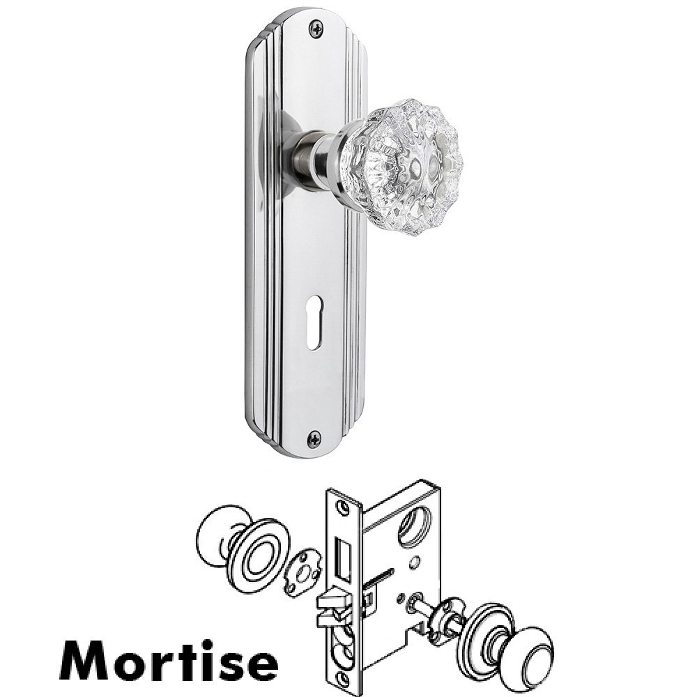 Nostalgic Warehouse Complete Mortise Lockset - Deco Plate with Crystal Knob in Bright Chrome