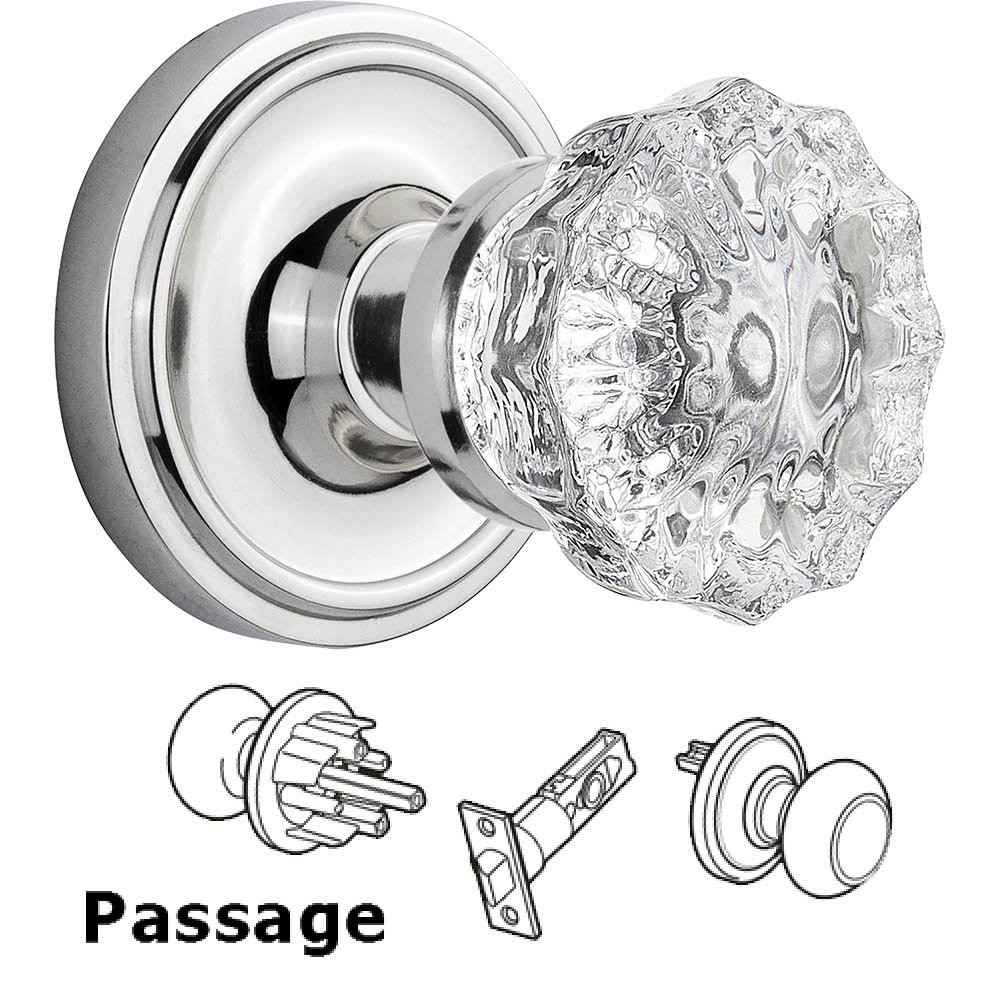 Nostalgic Warehouse Passage Knob - Classic Rose with Crystal Door Knob in Bright Chrome