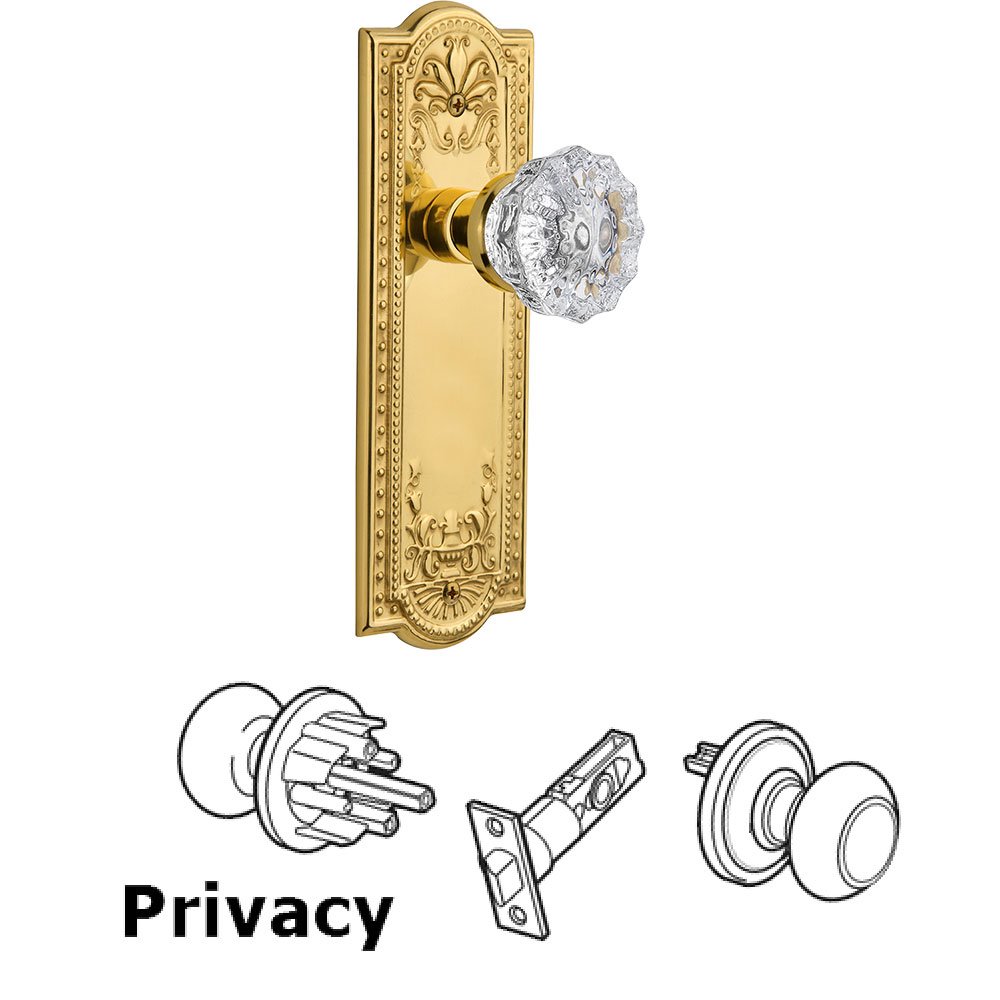 Nostalgic Warehouse Privacy Knob - Meadows Plate with Crystal Door Knob in Polished Brass