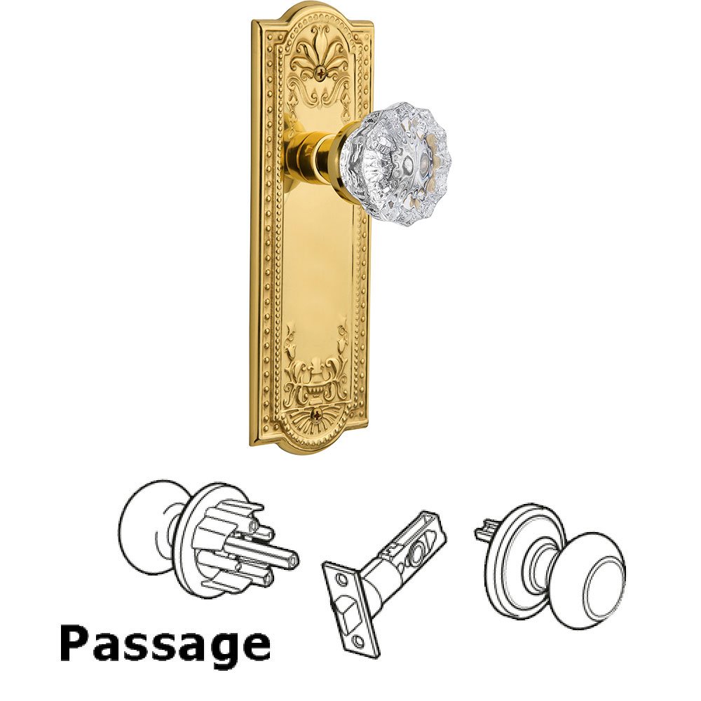 Nostalgic Warehouse Passage Knob - Meadows Plate with Crystal Door Knob in Polished Brass