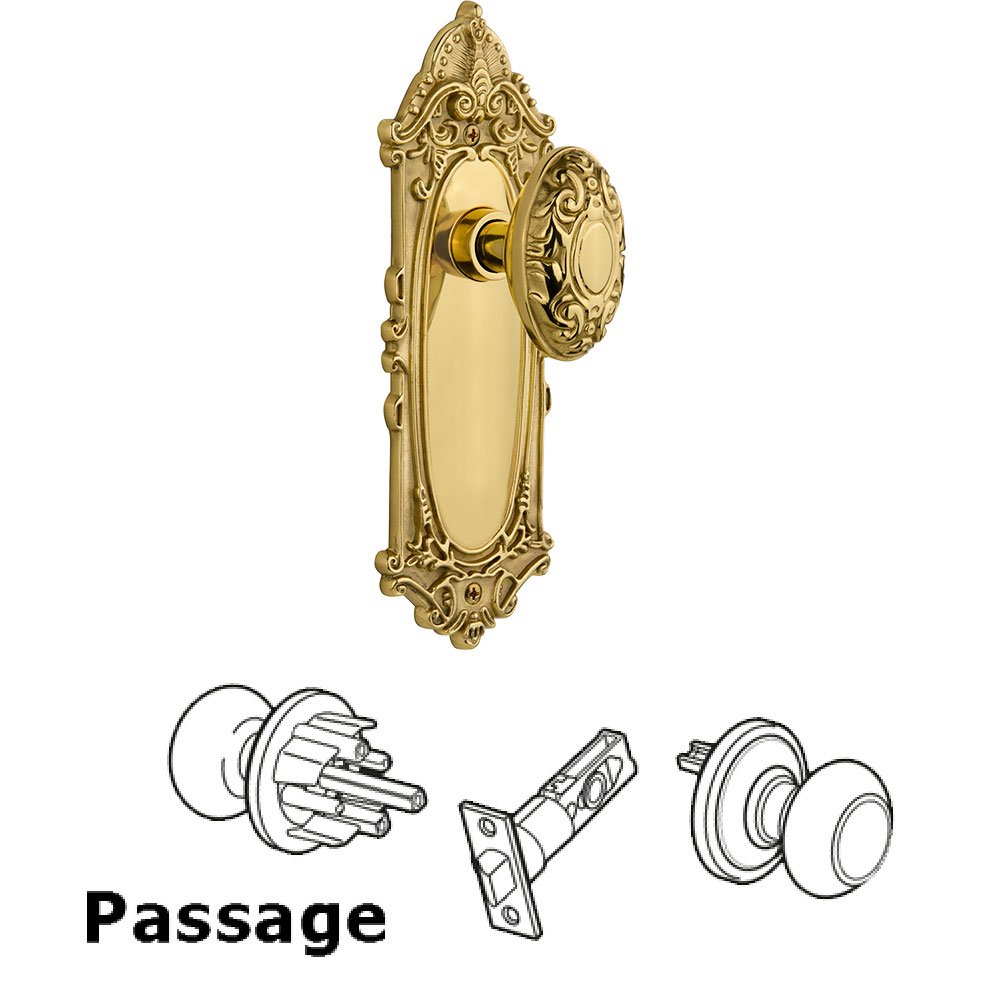 Nostalgic Warehouse Passage Knob - Victorian Plate with Victorian Door Knob in Polished Brass