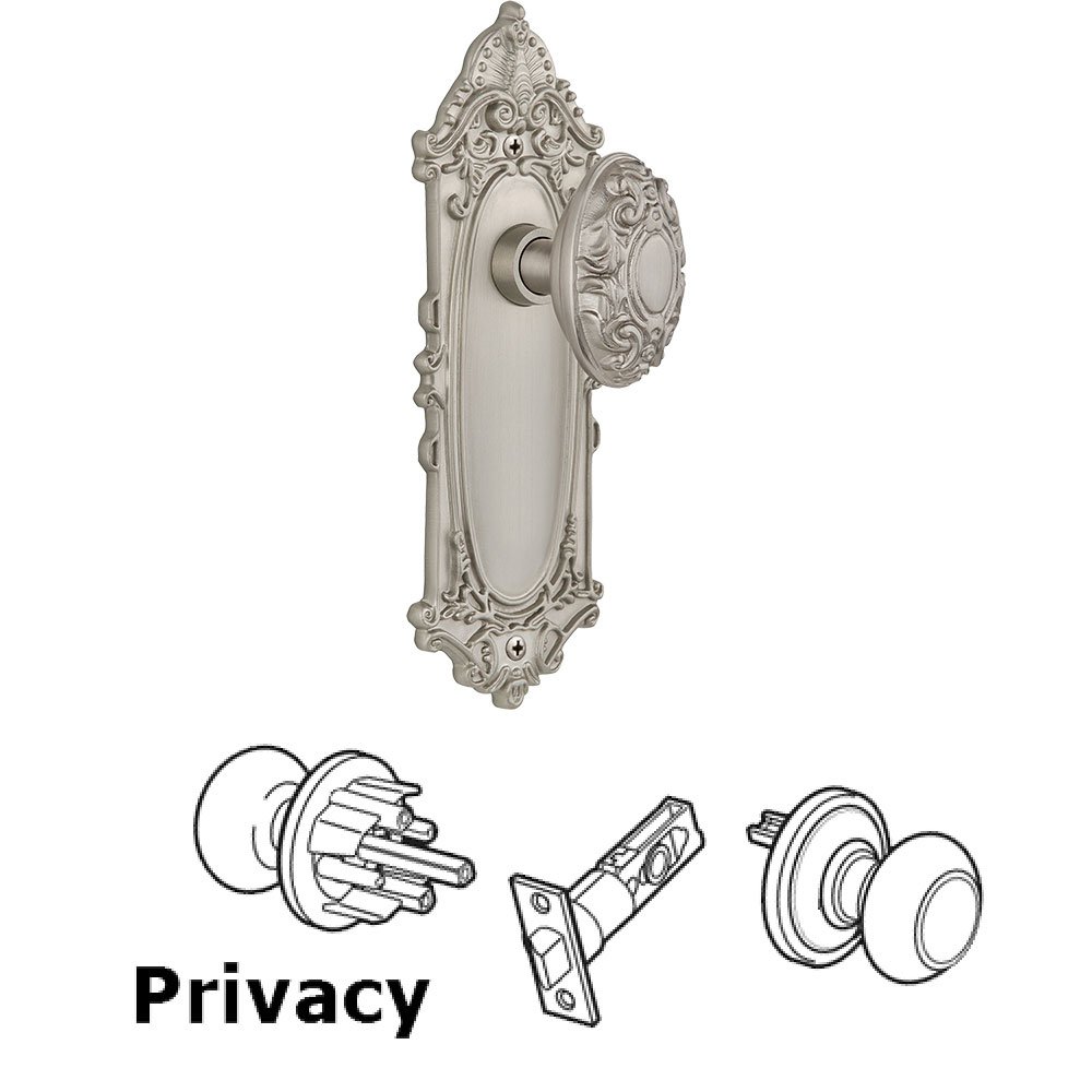 Nostalgic Warehouse Privacy Knob - Victorian Plate with Victorian Door Knob in Satin Nickel