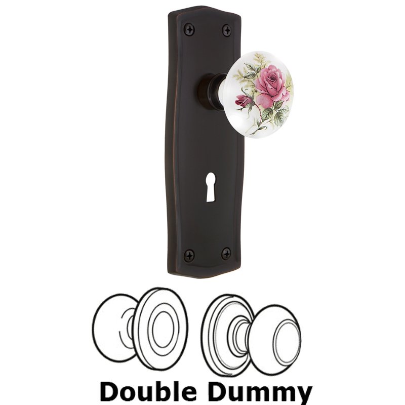 Nostalgic Warehouse Double Dummy Set with Keyhole - Prairie Plate with White Rose Porcelain Door Knob in Timeless Bronze