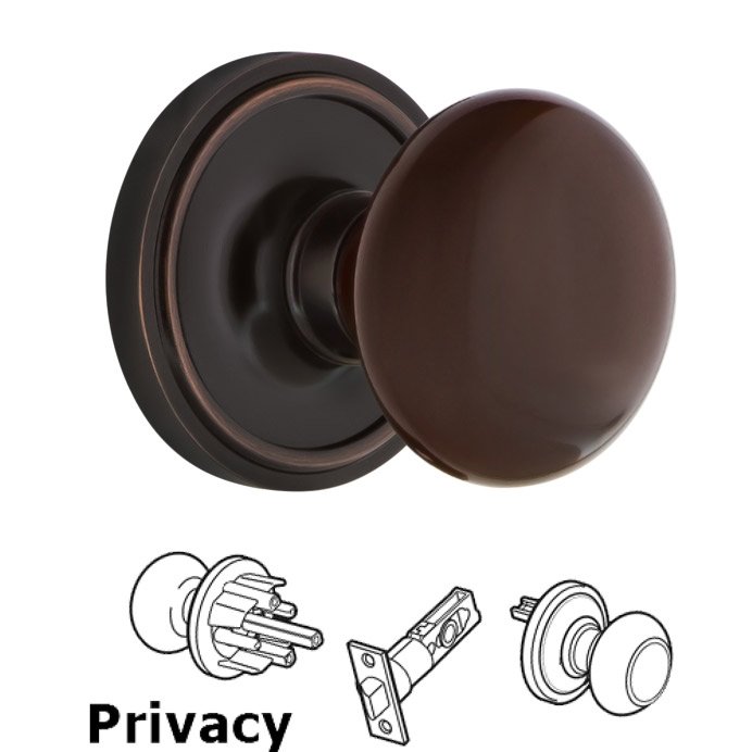 Nostalgic Warehouse Complete Privacy Set - Classic Rosette with Brown Porcelain Door Knob in Timeless Bronze