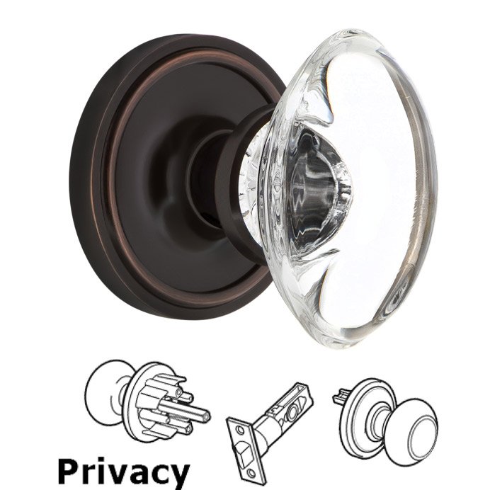 Nostalgic Warehouse Complete Privacy Set - Classic Rosette with Oval Clear Crystal Glass Door Knob in Timeless Bronze