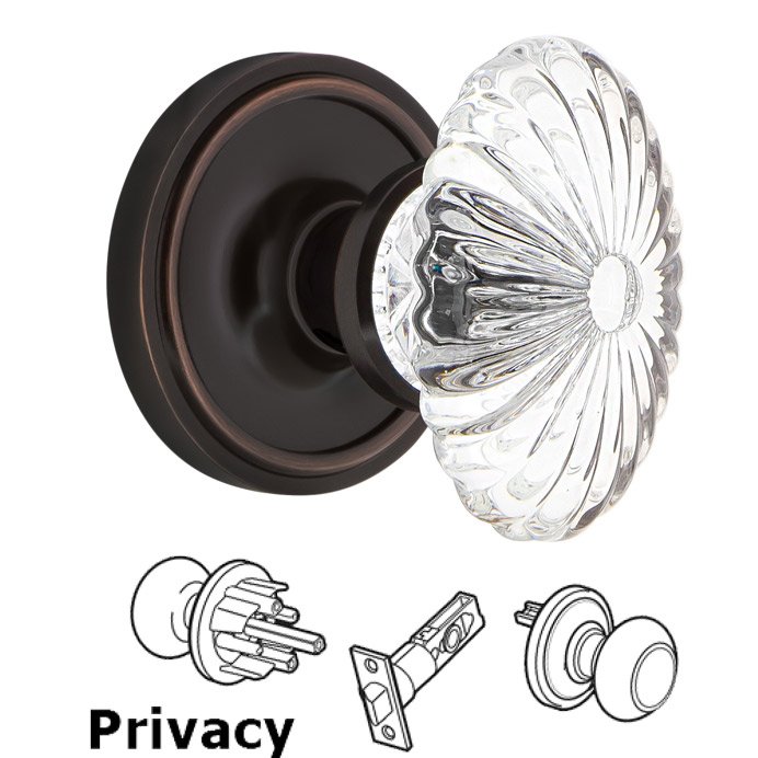 Nostalgic Warehouse Complete Privacy Set - Classic Rosette with Oval Fluted Crystal Glass Door Knob in Timeless Bronze