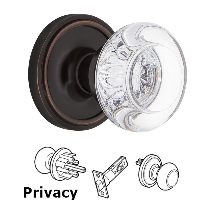 Nostalgic Warehouse Complete Privacy Set - Classic Rosette with Round Clear Crystal Glass Door Knob in Timeless Bronze