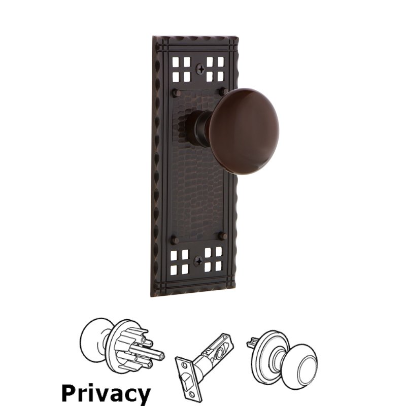Nostalgic Warehouse Privacy Craftsman Plate with Brown Porcelain Door Knob in Timeless Bronze