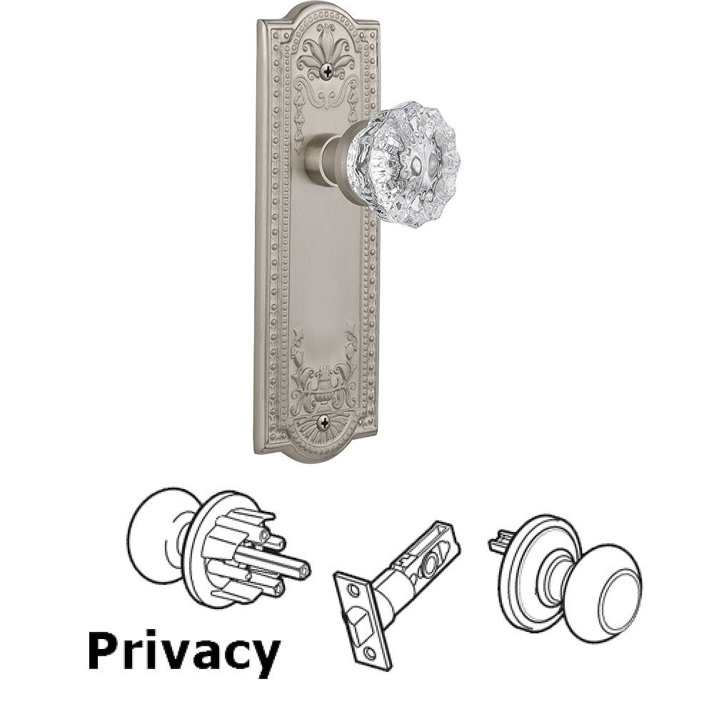 Nostalgic Warehouse Privacy Knob - Meadows Plate with Crystal Door Knob in Satin Nickel