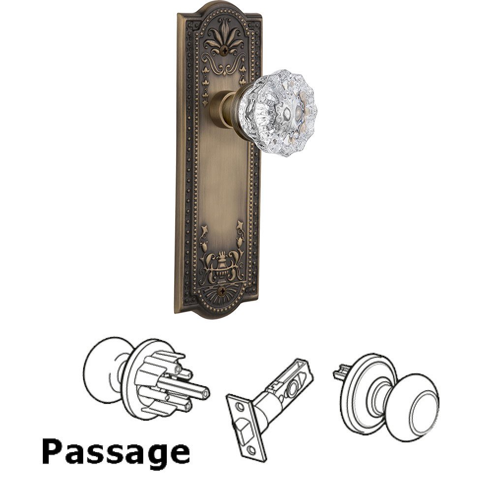 Nostalgic Warehouse Passage Knob - Meadows Plate with Crystal Door Knob in Antique Brass