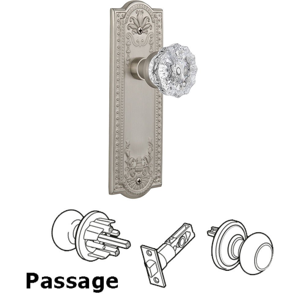 Nostalgic Warehouse Passage Meadows Plate with Crystal Glass Door Knob in Satin Nickel