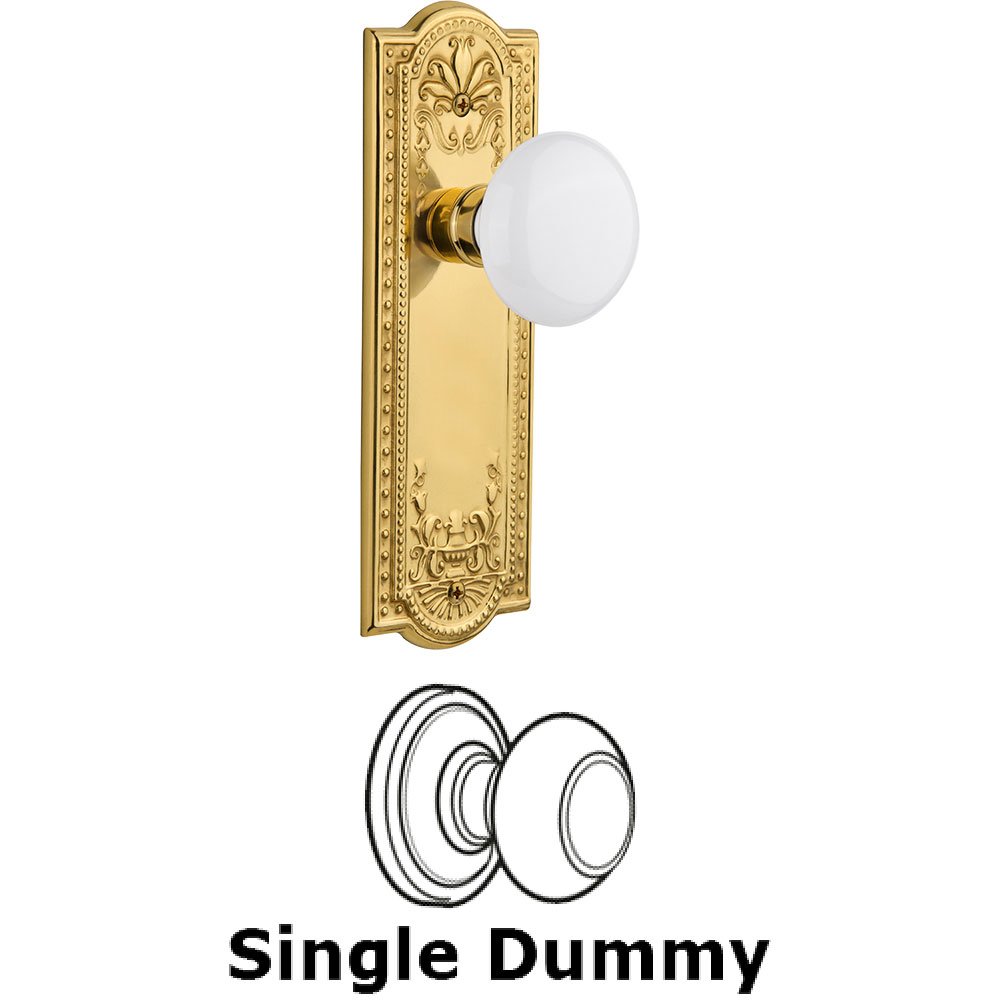 Nostalgic Warehouse Single Dummy Knob - Meadows Plate with White Porcelain Door Knob in Polished Brass