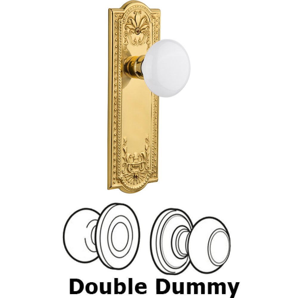 Nostalgic Warehouse Double Dummy Knob - Meadows Plate with White Porcelain Door Knob in Polished Brass