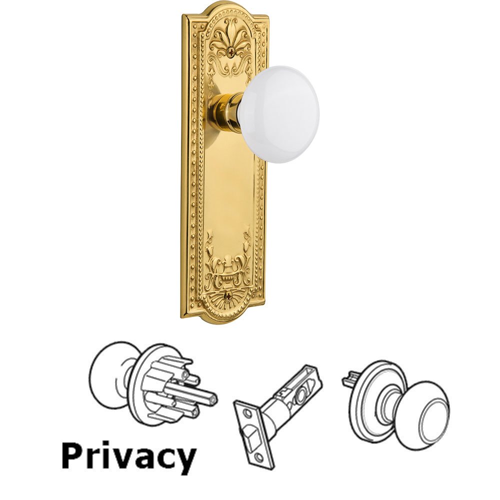 Nostalgic Warehouse Privacy Knob - Meadows Plate with White Porcelain Door Knob in Polished Brass