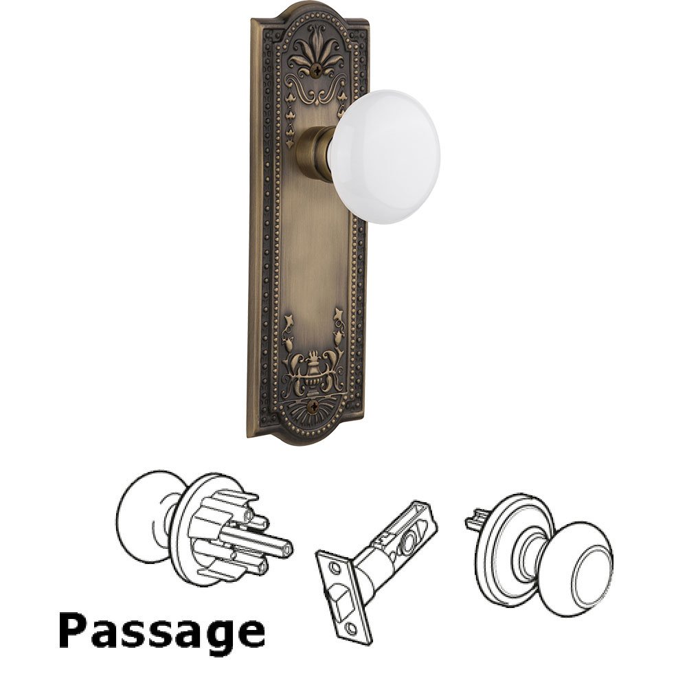 Nostalgic Warehouse Passage Knob - Meadows Plate with White Porcelain Knob in Antique Brass