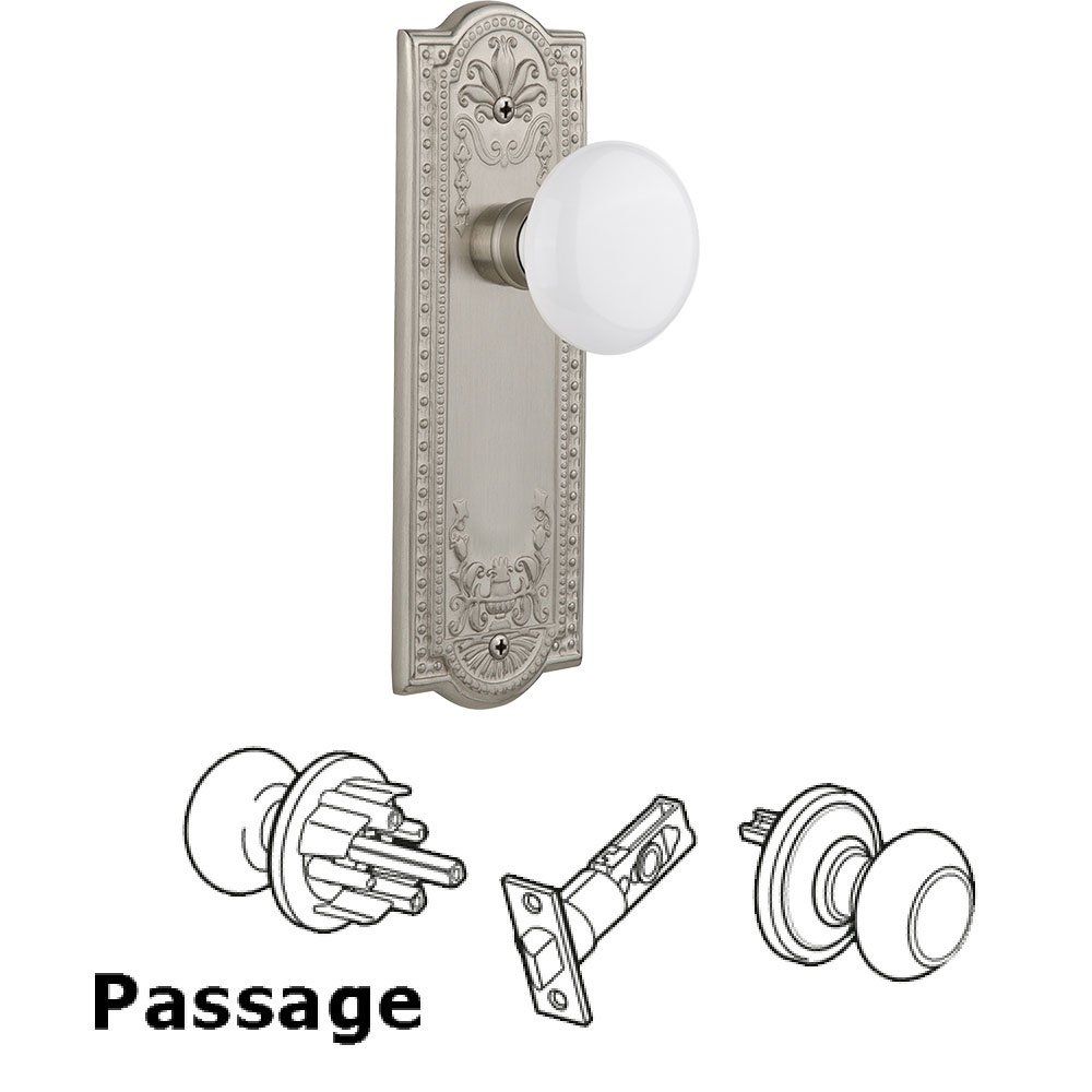 Nostalgic Warehouse Passage Meadows Plate with White Porcelain Door Knob in Satin Nickel