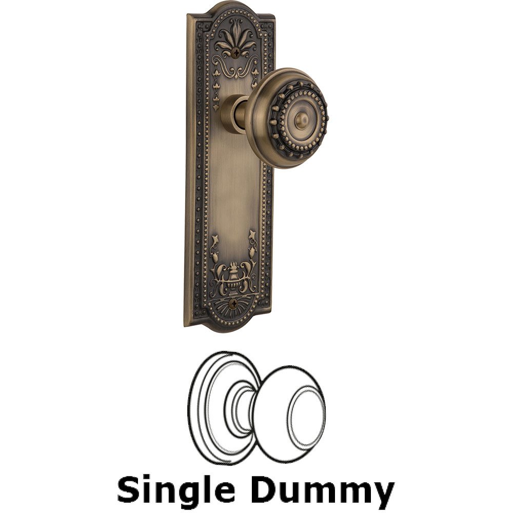 Nostalgic Warehouse Single Dummy Knob - Meadows Plate with Meadows Door Knob in Antique Brass