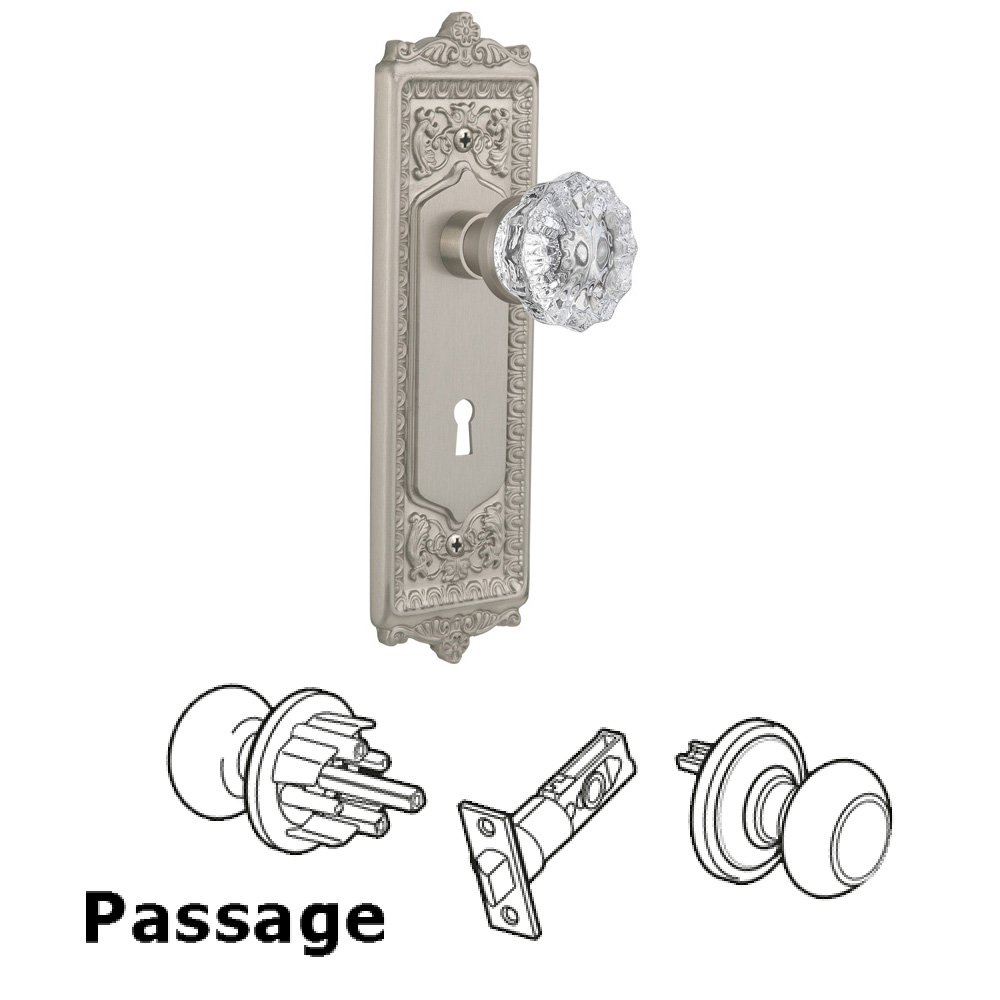 Nostalgic Warehouse Passage Egg & Dart Plate with Keyhole and Crystal Glass Door Knob in Satin Nickel