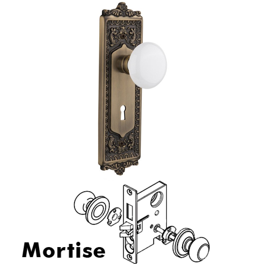 Nostalgic Warehouse Complete Mortise Lockset - Egg & Dart Plate with White Porcelain Knob in Antique Brass