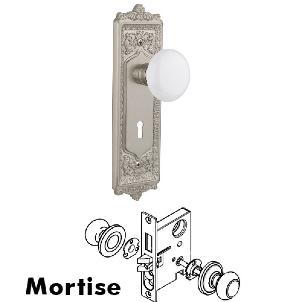 Nostalgic Warehouse Complete Mortise Lockset - Egg & Dart Plate with White Porcelain Knob in Satin Nickel