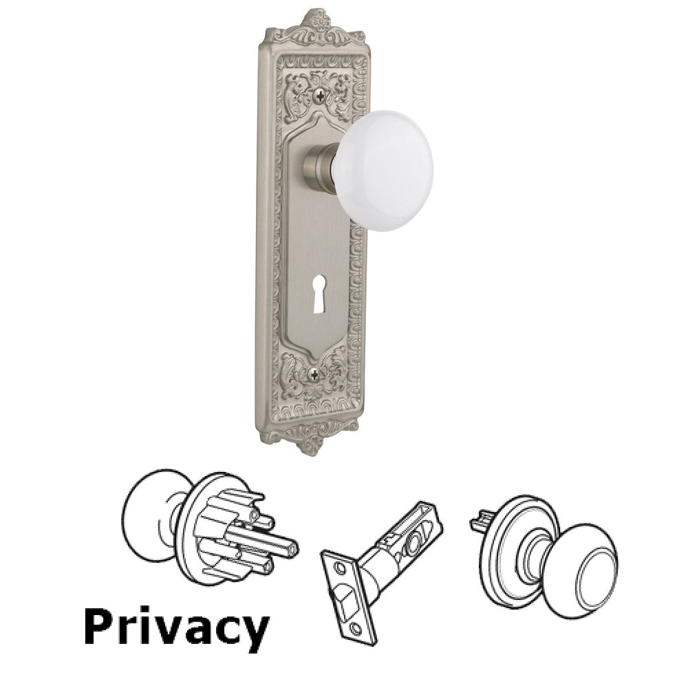 Nostalgic Warehouse Privacy Egg & Dart Plate with Keyhole and White Porcelain Door Knob in Satin Nickel