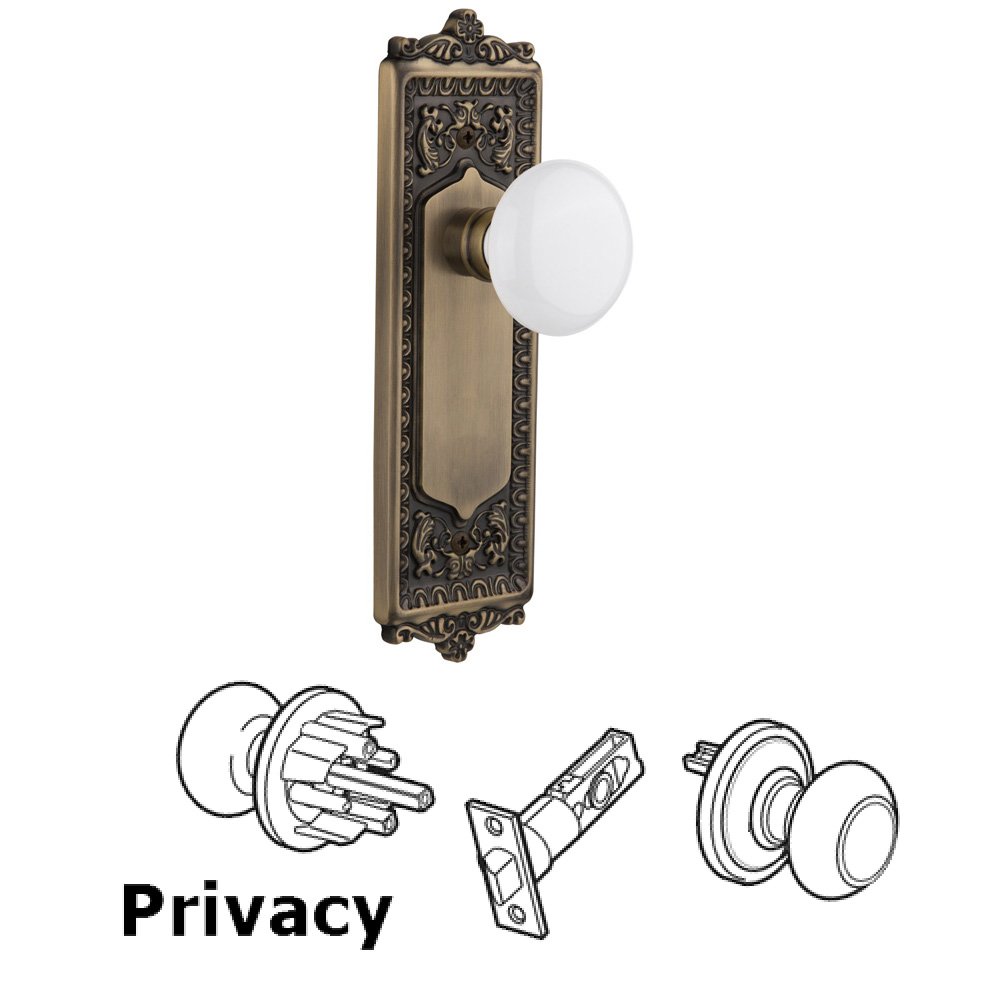 Nostalgic Warehouse Complete Privacy Set Without Keyhole - Egg & Dart Plate with White Porcelain Knob in Antique Brass